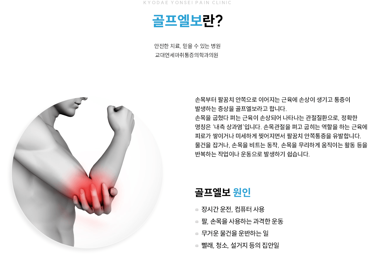 팔꿈치 관련 증상과 치료를 설명하는 그림
